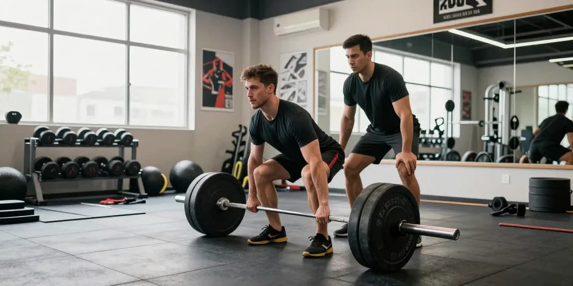 Atleet deadliften in Unique Pharma Steroïden Winkel met moderne fitnessapparatuur en motiverende omgeving.