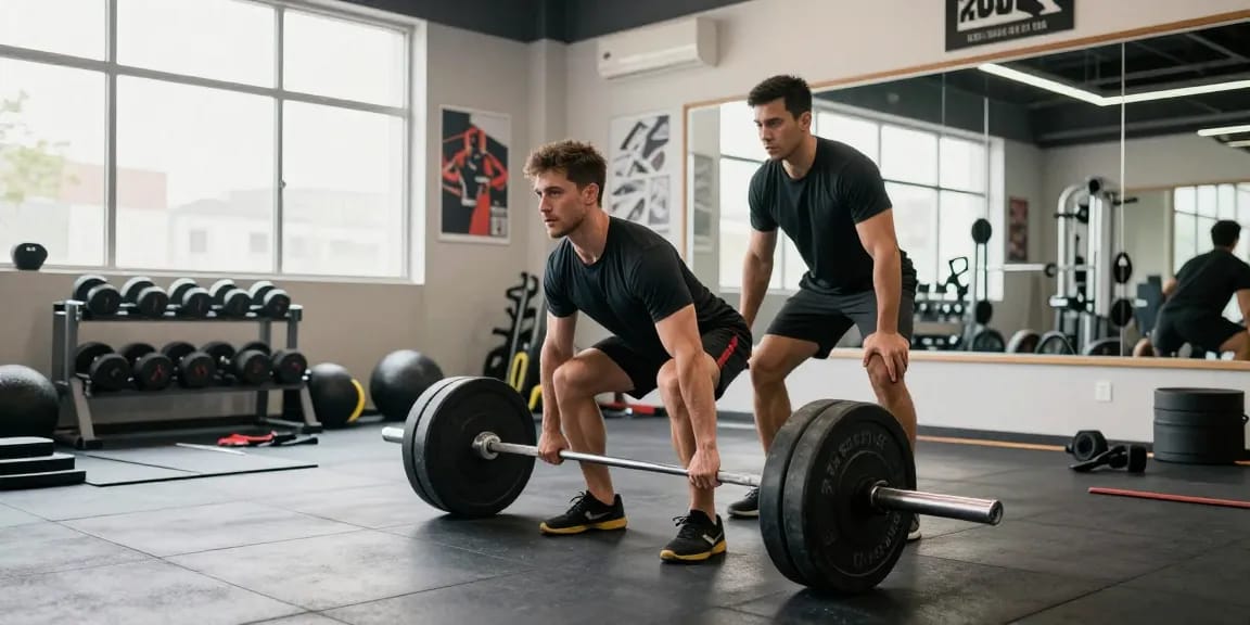 Atleet deadliften in Unique Pharma Steroïden Winkel met moderne fitnessapparatuur en motiverende omgeving.