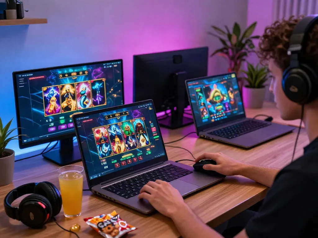 Engaging online gaming scene featuring a player enjoying da88 slot games in a stylish home office setup.