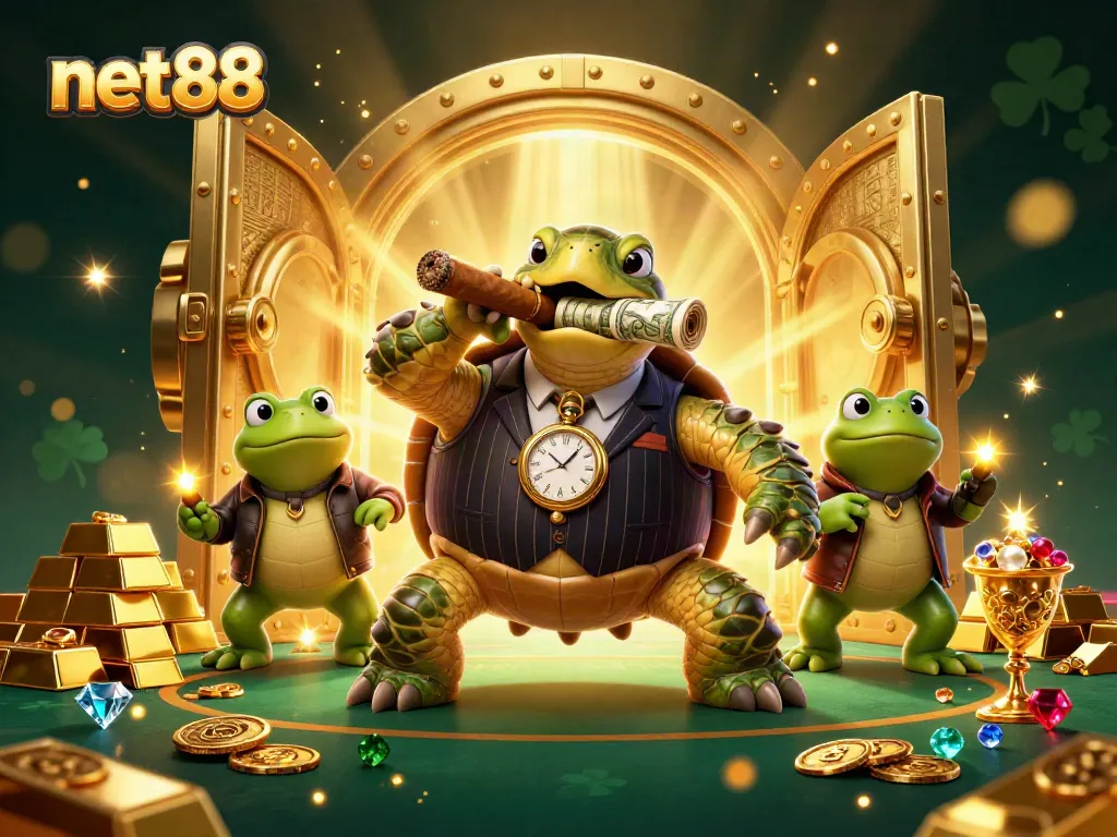 Experience the excitement of net88 with an illustration featuring a casino scene and dynamic characters in action.