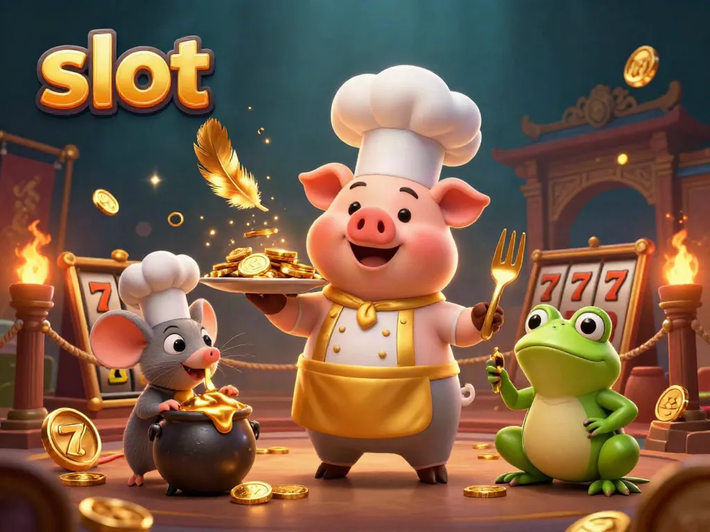Serve up exciting slot action with a chef pig amidst gold coins and vibrant casino elements.