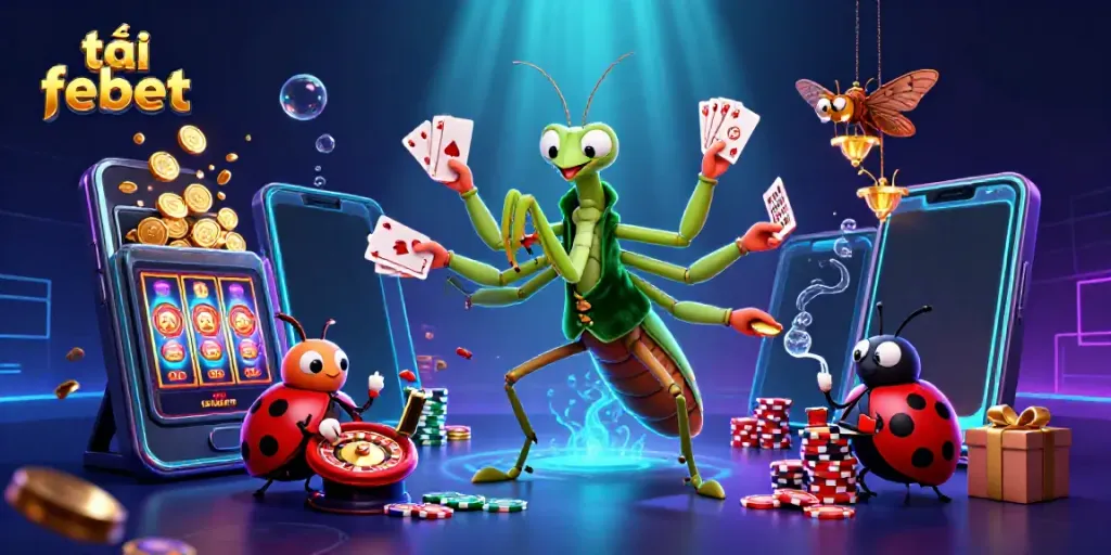 Experience a vibrant scene of a giant mantis and ladybug at a casino with exciting elements while tải febet.