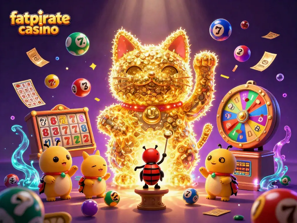 Experience the thrill of fatpirate casino with dynamic visuals of lucky symbols and casino elements.