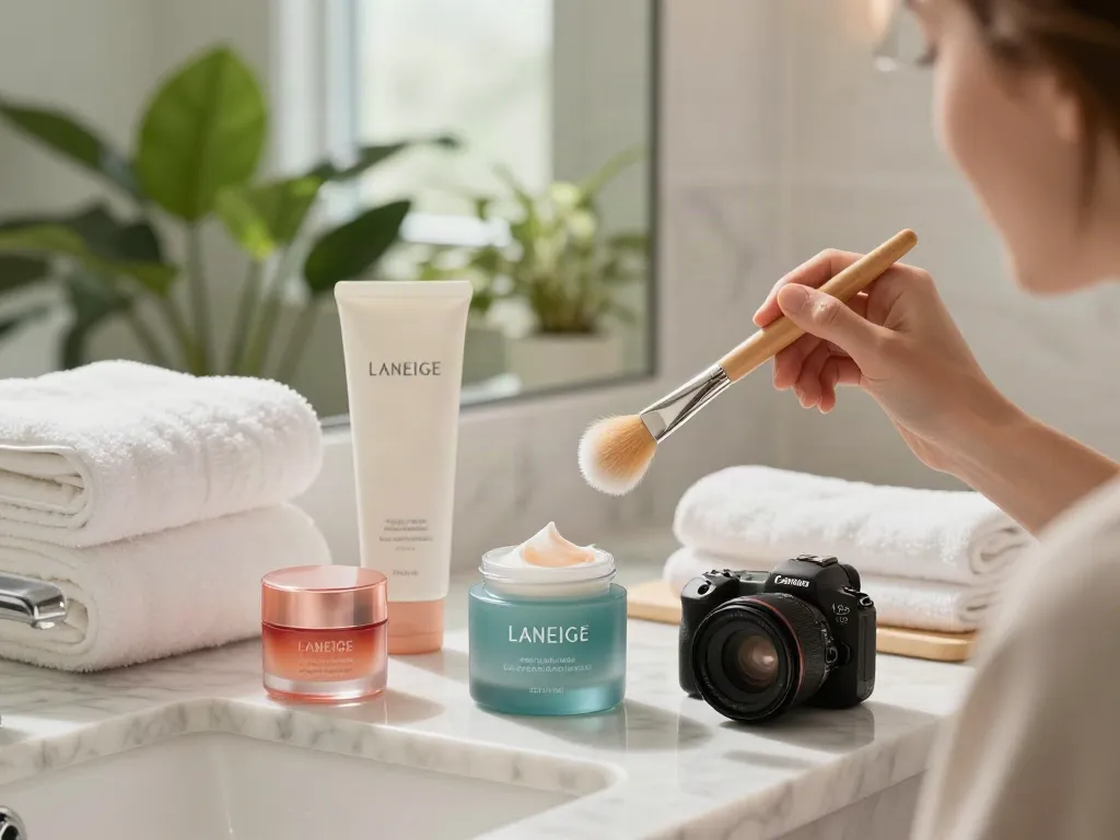 Een persoon die Laneige Water Sleeping Mask aanbrengt in een luxe badkamer met andere producten van Laneige.