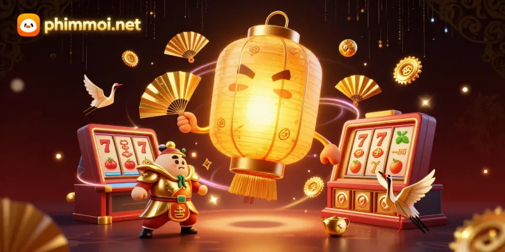 Engage with phimmoi-net as a glowing golden lantern spirit illuminates a vibrant, dynamic casino scene.