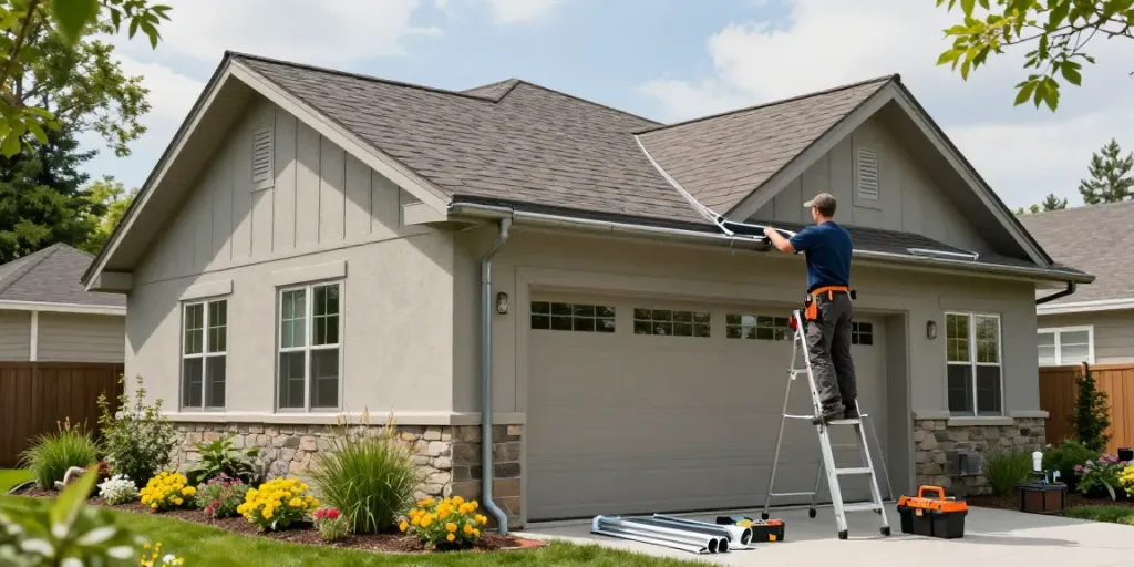 Spokane gutter installation showcasing a professional installer on a sunny home exterior