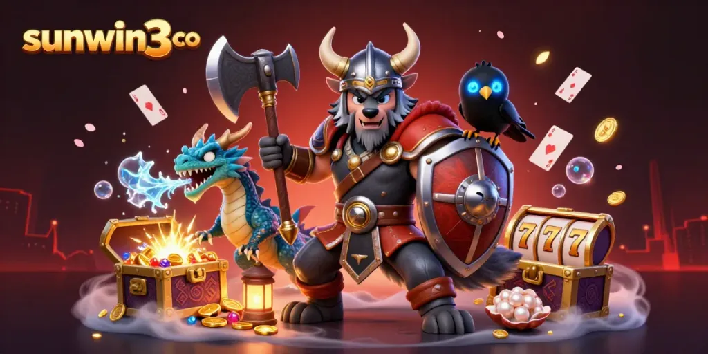Experience the excitement of sunwin3 co with a dynamic 3D Viking warrior and mythical creatures amidst colorful casino elements.