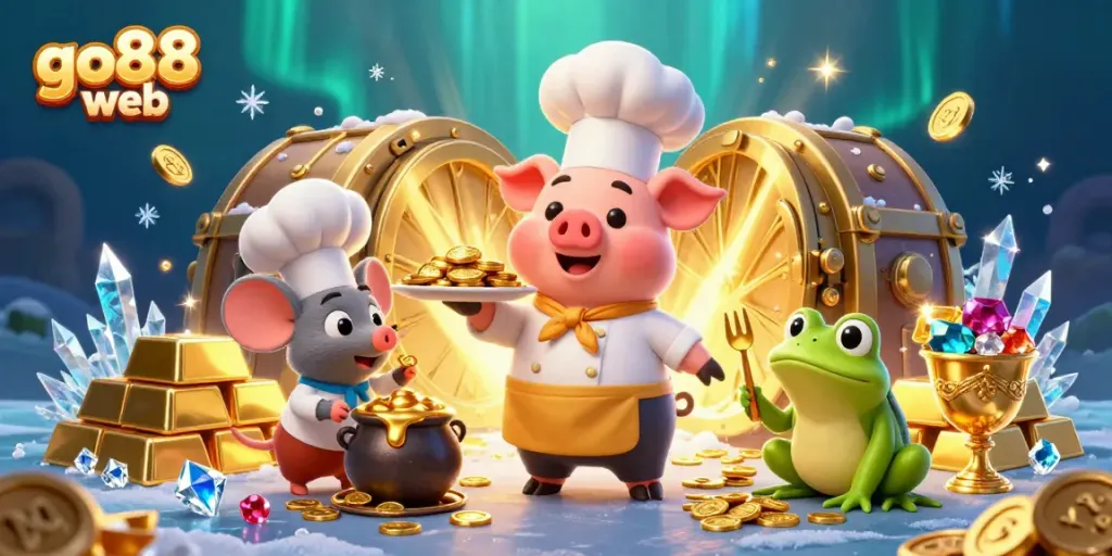 Engage with go88 web, showcasing a vibrant 3D scene of a cheerful pig chef serving golden coins alongside a tasting mouse and critic frog.