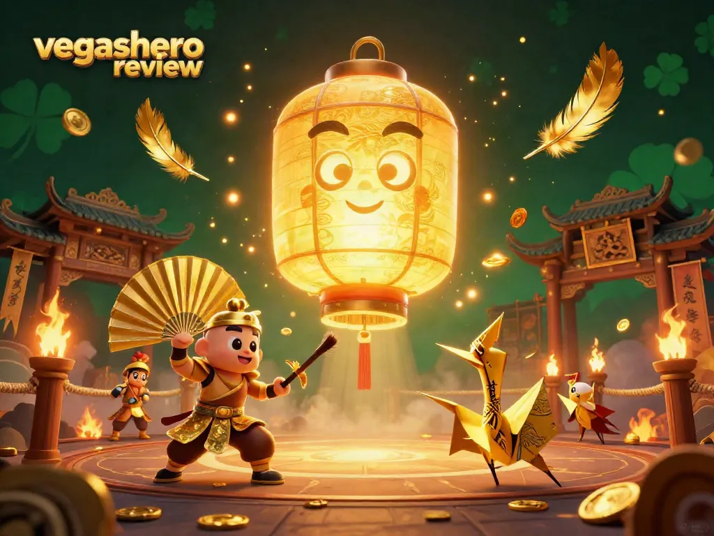 Experience a vibrant vegashero review with golden lantern spirits and dynamic casino elements.