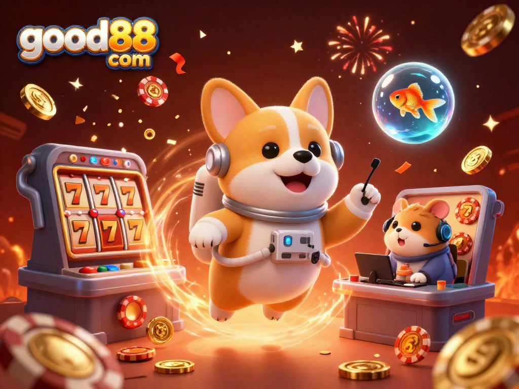 Experience thrilling gameplay on good88 com as a corgi astronaut floats through a casino in space.