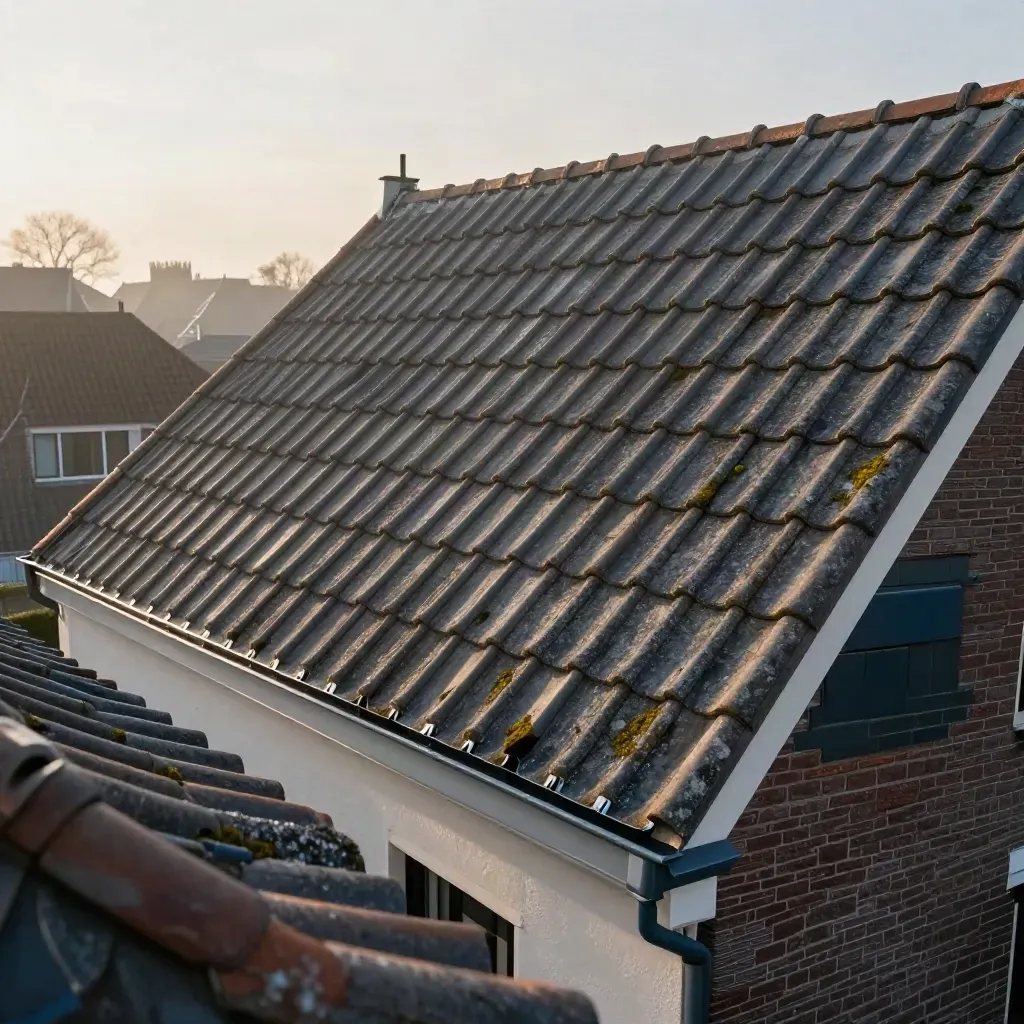 Hellend pannendak met open nok, schone goot en nieuw lood in ochtendmist.