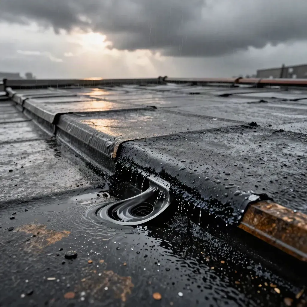 Nat plat dak met bitumen noodpatch en droge afvoer in de regen
