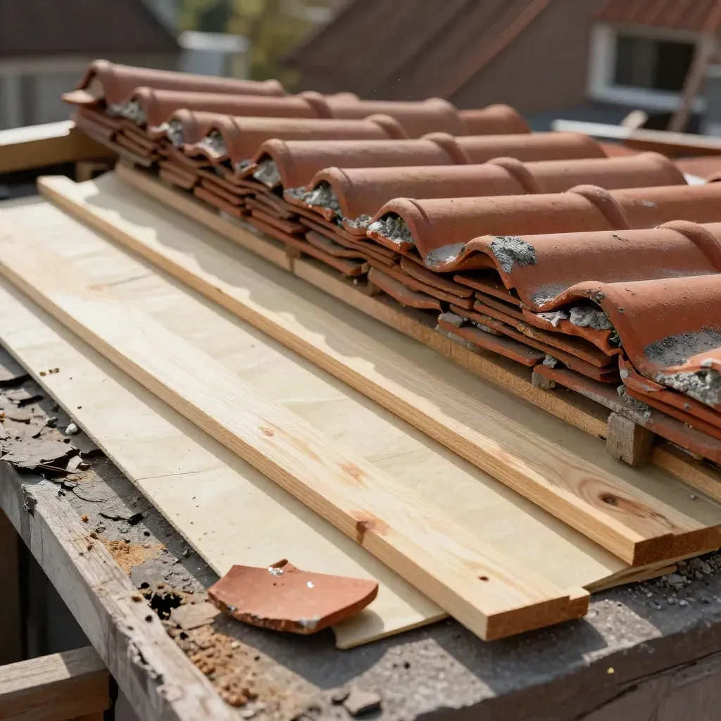 Half dak in renovatie met oude pannen, nieuwe tengels en frisse onderlaag in warm licht.