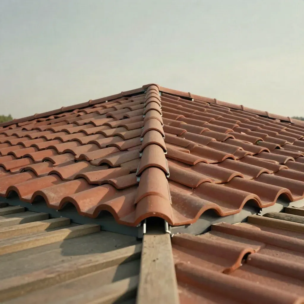 Nieuw gelegd hellend pannendak met terracotta pannen, nokstukken en loodslabben in helder licht.