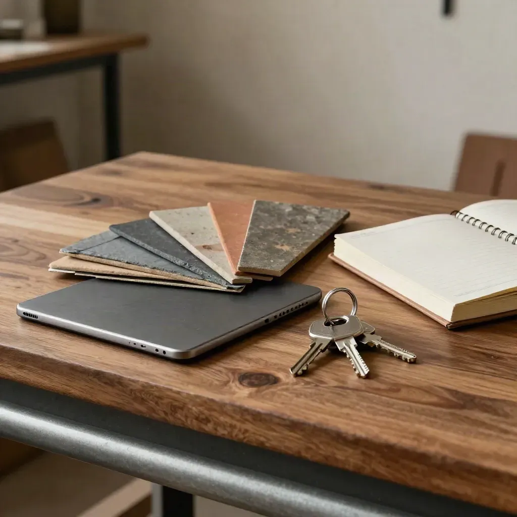 Tablet, dakpanstalen, sleutels en planner op een warme houten werkbank in een kantoorwerkplaats.