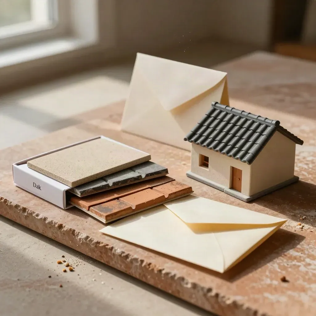 Samplebox met dakpannen, mini-dakmodel en envelop op steen, zacht daglicht.