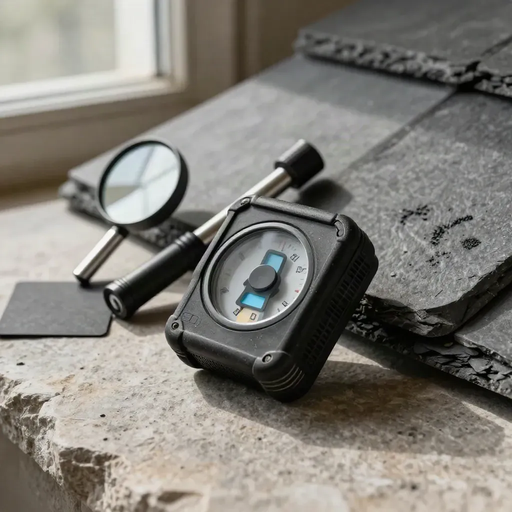 Vochtmeter, inspectiespiegel, torch en dakpan op ruwe steen in zacht licht.