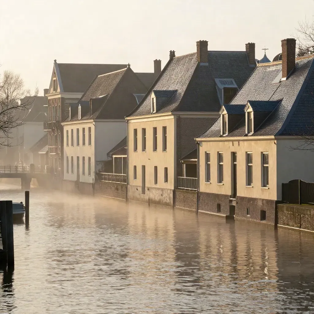 Amsterdamse grachtenpanden en daken in ochtendmist boven stil water