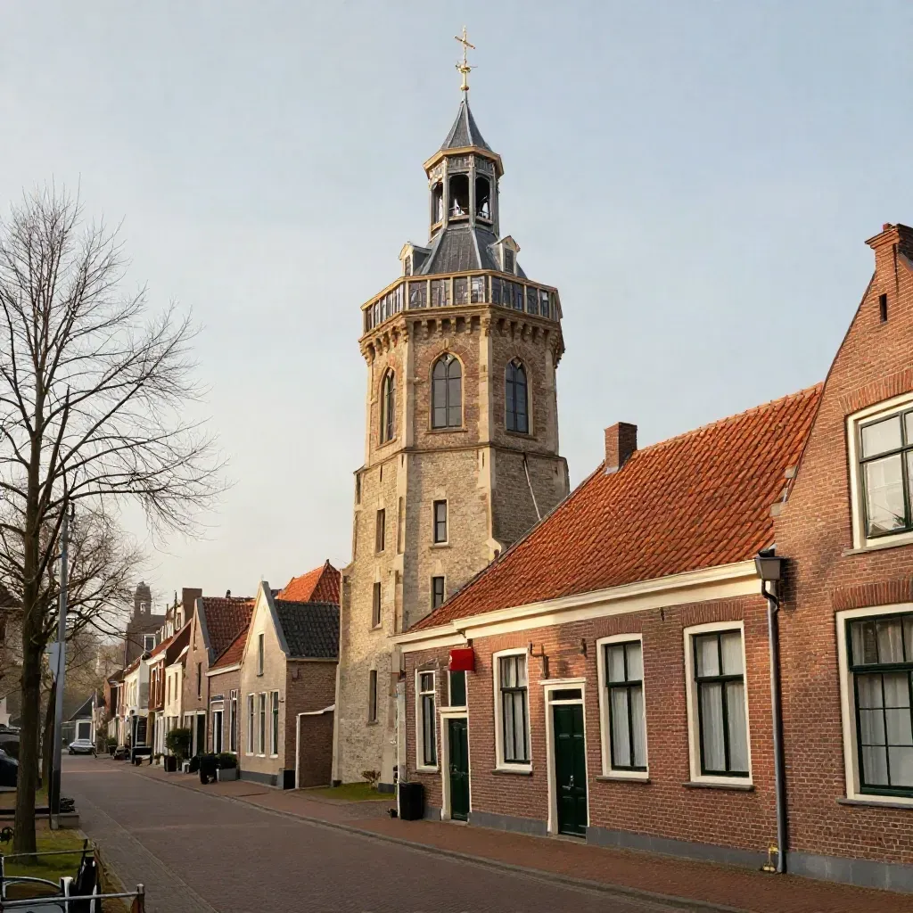 De Domtoren boven mistige Utrechtse daken in zacht ochtendlicht.