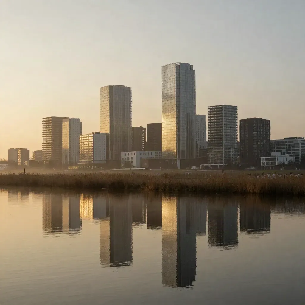 Moderne skyline van Almere bij zonsondergang boven stil polderwater met spiegeling en mist.