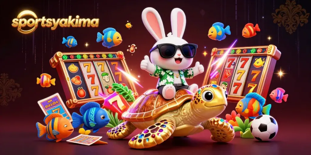 Experience the thrill of sportsyakima with vibrant lucky rabbit and golden turtle in a rich casino scene.