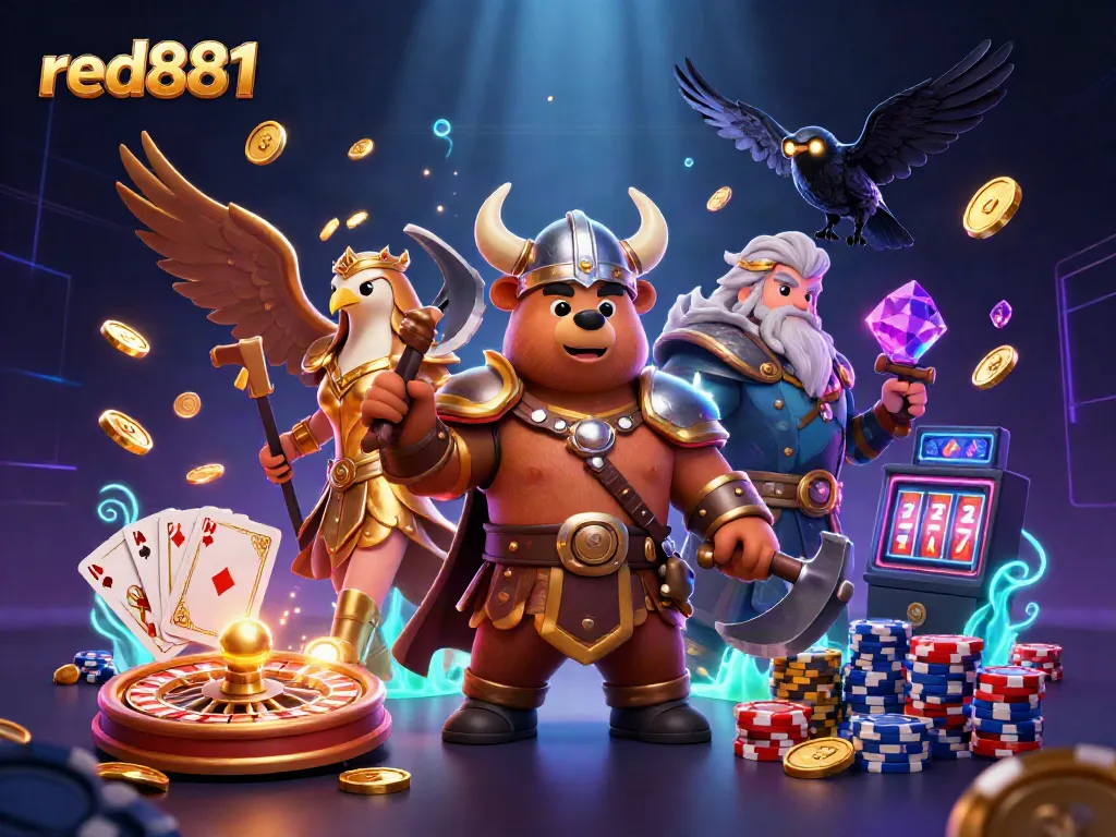 Exciting red881 casino scene showcasing a Viking bear and Valkyrie eagle amidst dynamic slot elements and bright coins.