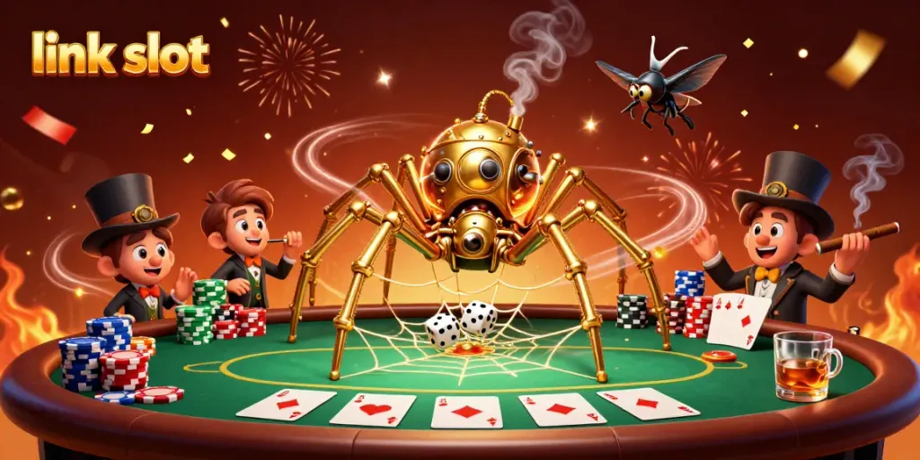 Experience thrilling gameplay at link slot with a dynamic 3D illustration of casino elements and characters.