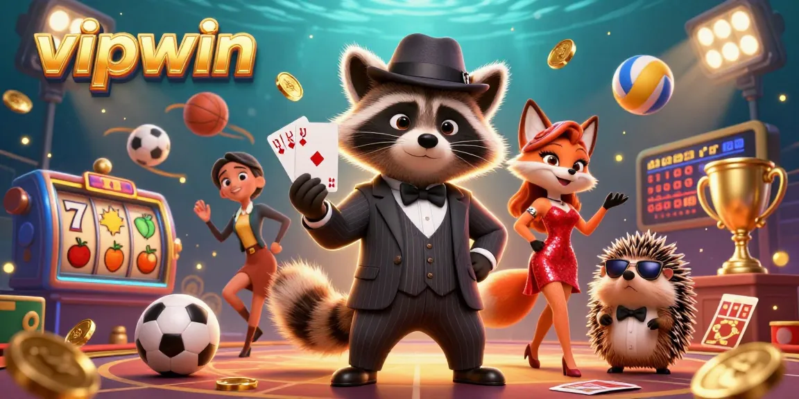 Engage with vipwin as a raccoon in a suit, charming fox, and hedgehog bouncer celebrate wins.