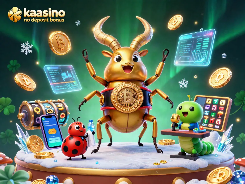 Kaasino casino no deposit bonus illustrated with a giant golden stag beetle and ladybug in a dynamic scene packed with gaming elements.