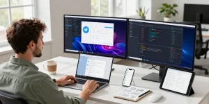 Download Telegram app on dual monitors in a modern workspace, showcasing coding and development.