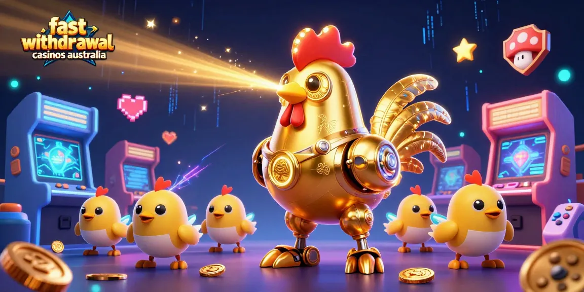 Experience fast withdrawal casinos Australia through this dynamic 3D illustration featuring a golden rooster robot with laser beams and arcade game elements.