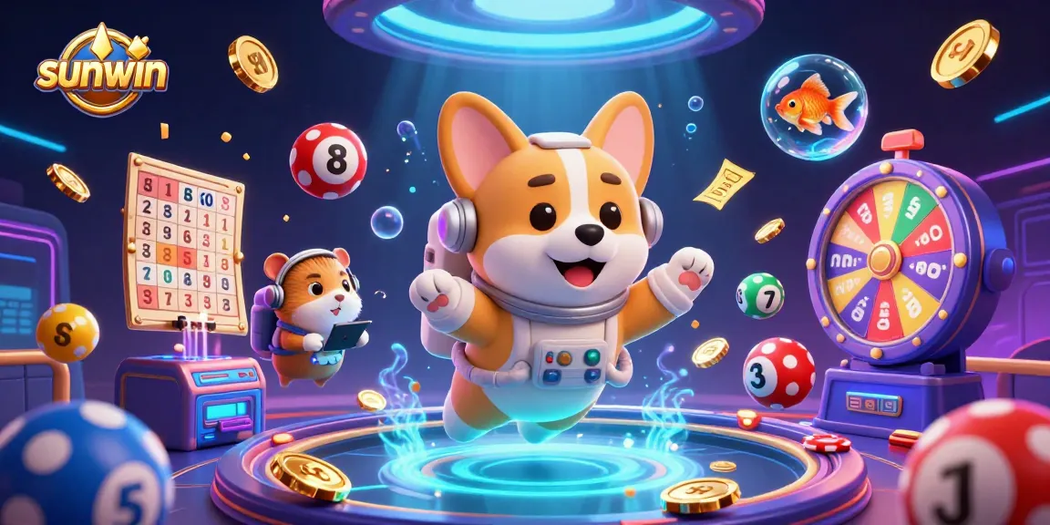 Experience the excitement of sunwin through a vibrant 3D space casino scene with lottery elements.