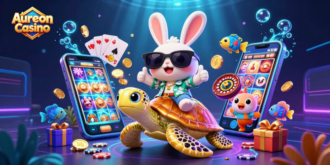 Aureon Casino offers vibrant gaming action with a lucky rabbit and golden turtle in a colorful casino scene.