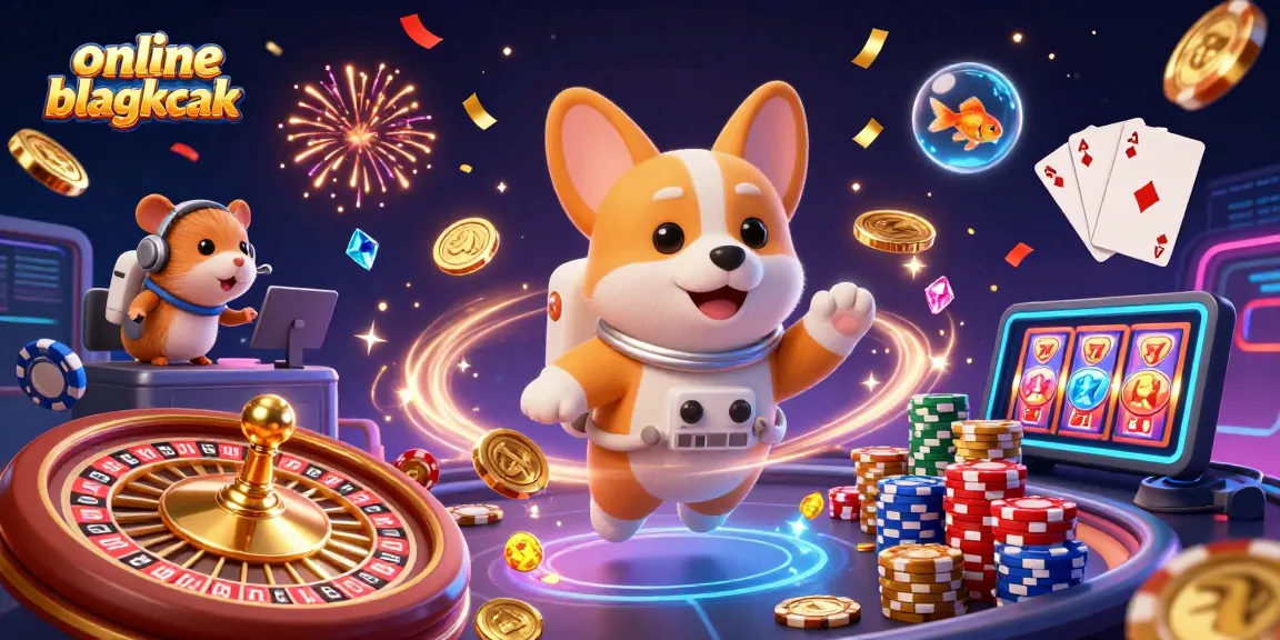 Engage in online blackjack with a floating astronaut corgi surrounded by vibrant casino elements.
